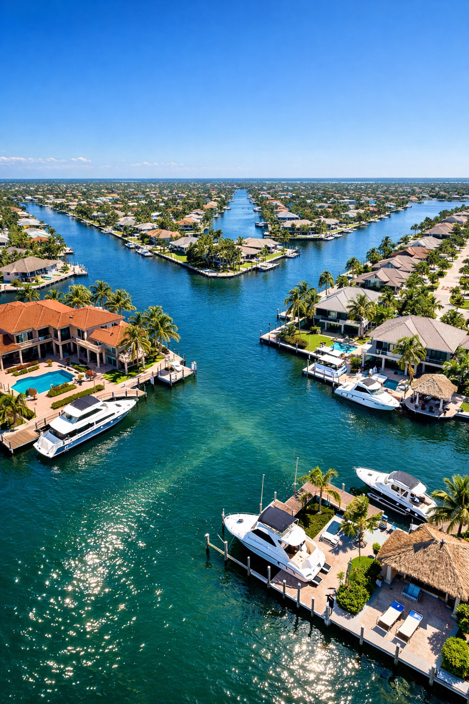Drone view of luxury Cape Coral waterfront homes and boating canals under a clear blue sky.