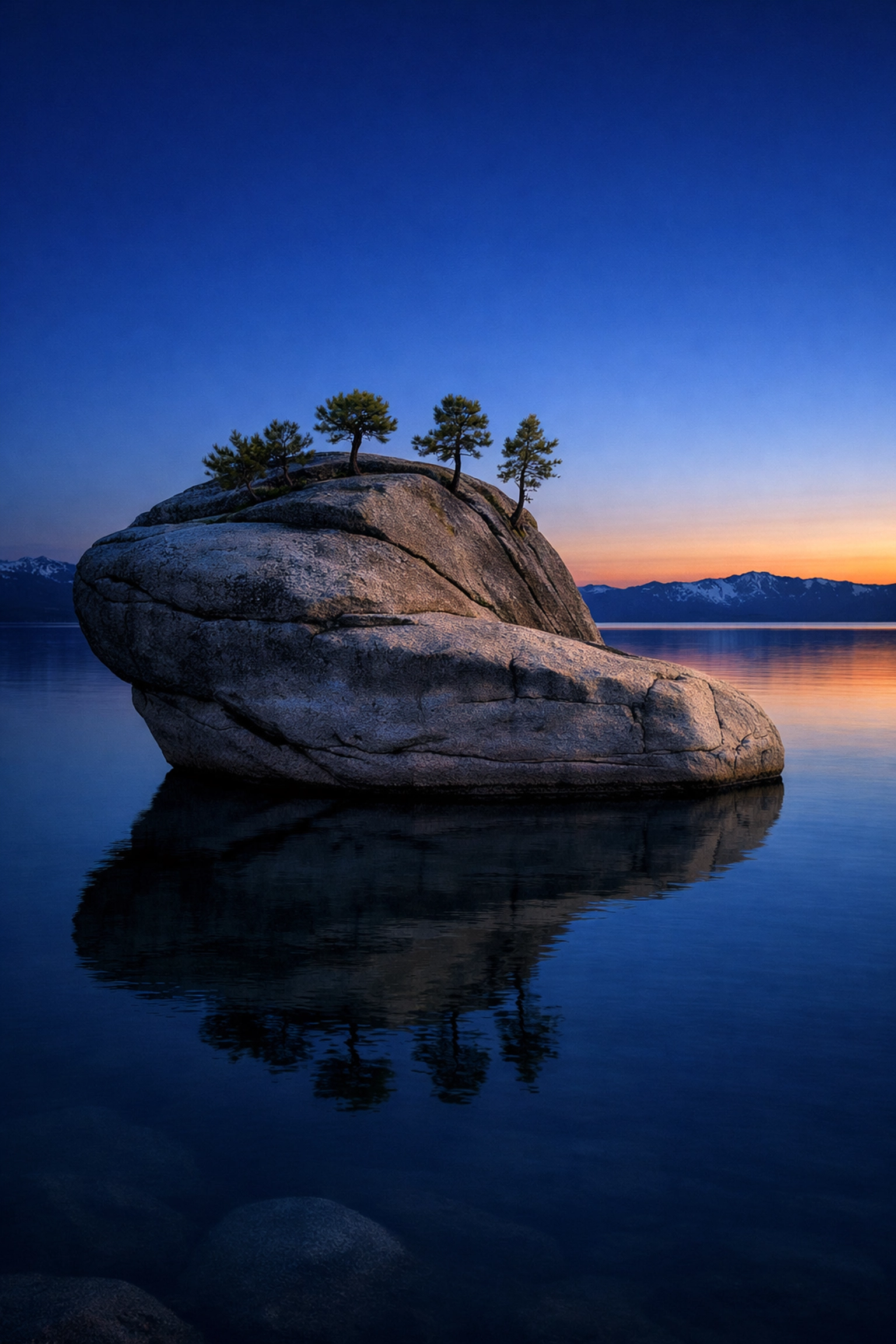 Bonsai Rock at blue hour, featuring the iconic small trees growing from a boulder on the East Shore of Lake Tahoe.