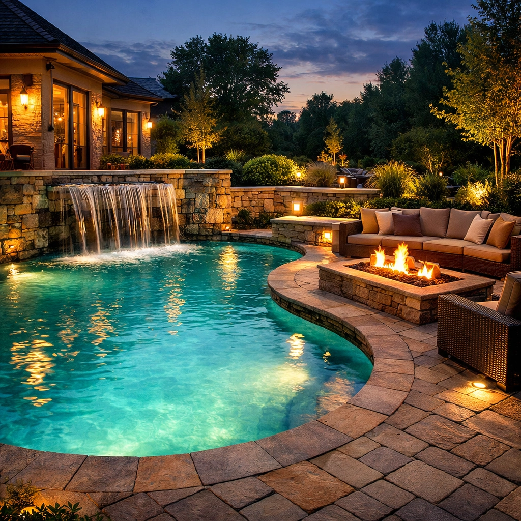 Luxury pool with hardscaping chattanooga and professional outdoor lighting chattanooga for nighttime ambiance.