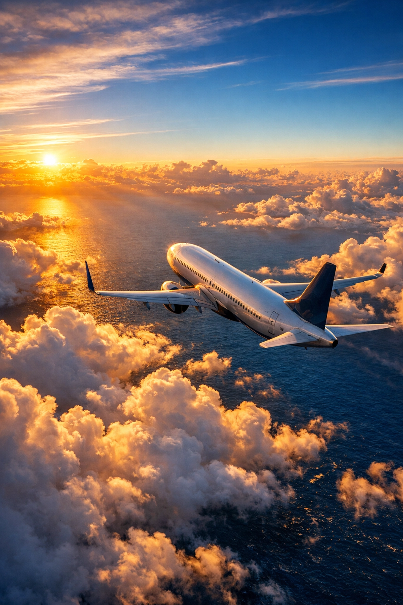 Airplane flying over Atlantic Ocean on transatlantic flight to Europe for summer travel