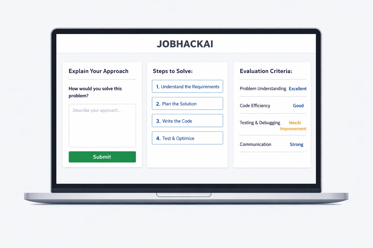 Laptop showing a technical mock interview UI with think out loud prompt, rubric, and notes in JobHackAI brand style.