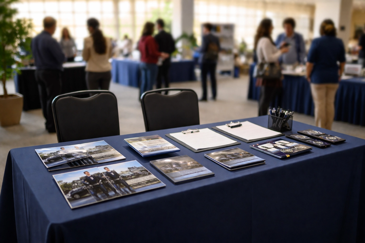 Police recruitment booth at a community job fair highlighting effective police recruiting strategies