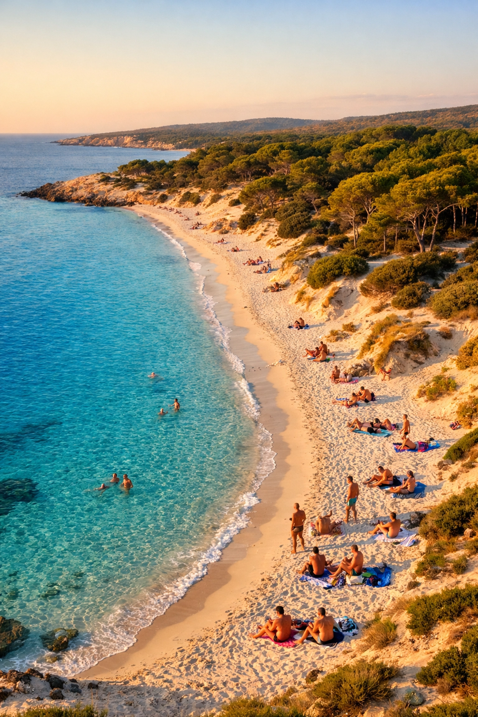 Es Cavallet naturist beach in Ibiza with white sand dunes and turquoise Mediterranean waters