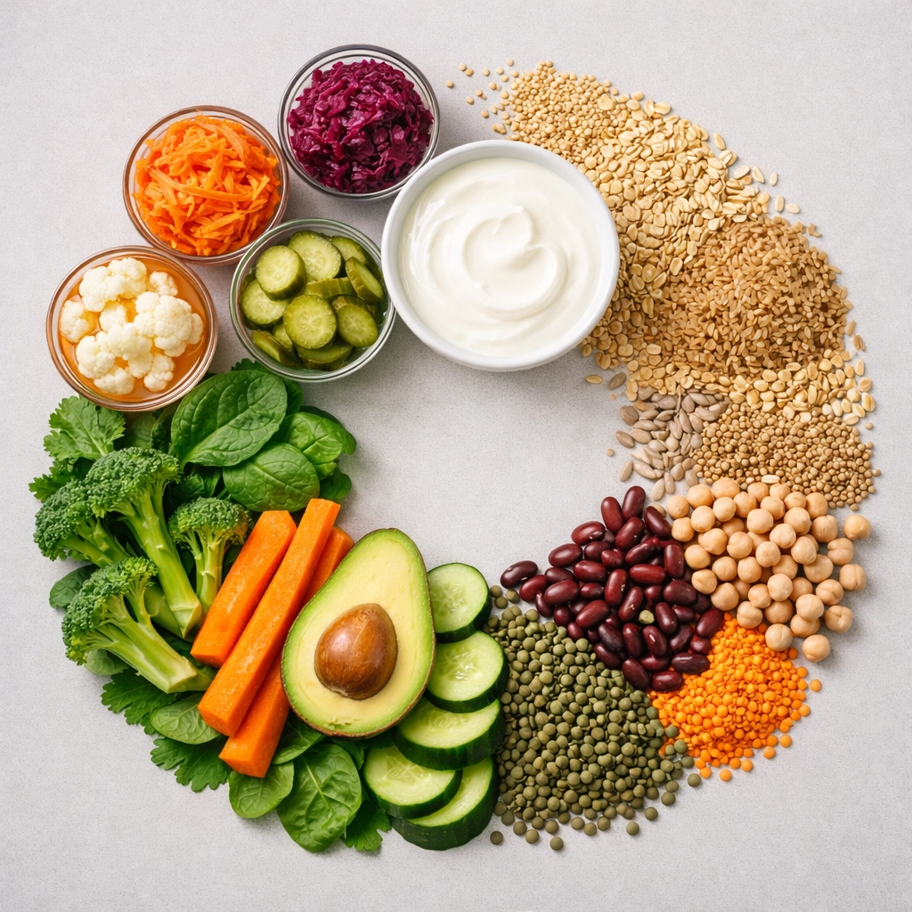 Gut-healthy foods including fermented vegetables, yogurt, whole grains, and legumes for strength training