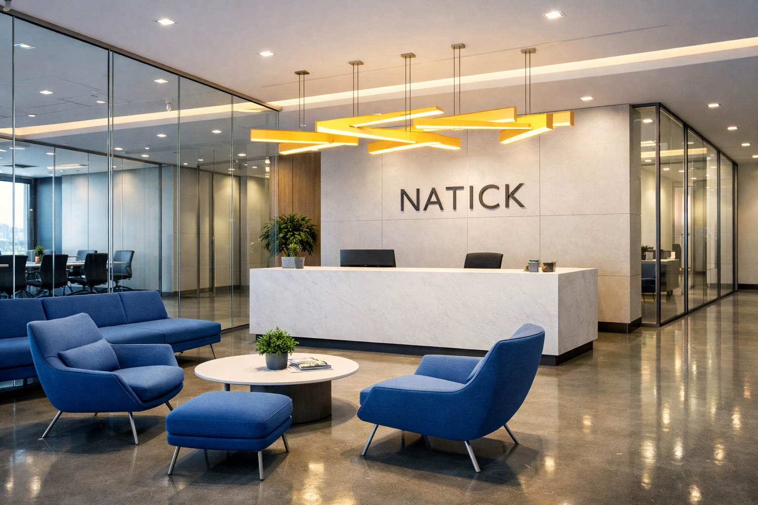Sleek Natick office lobby with polished floors maintained by professional commercial cleaning services.