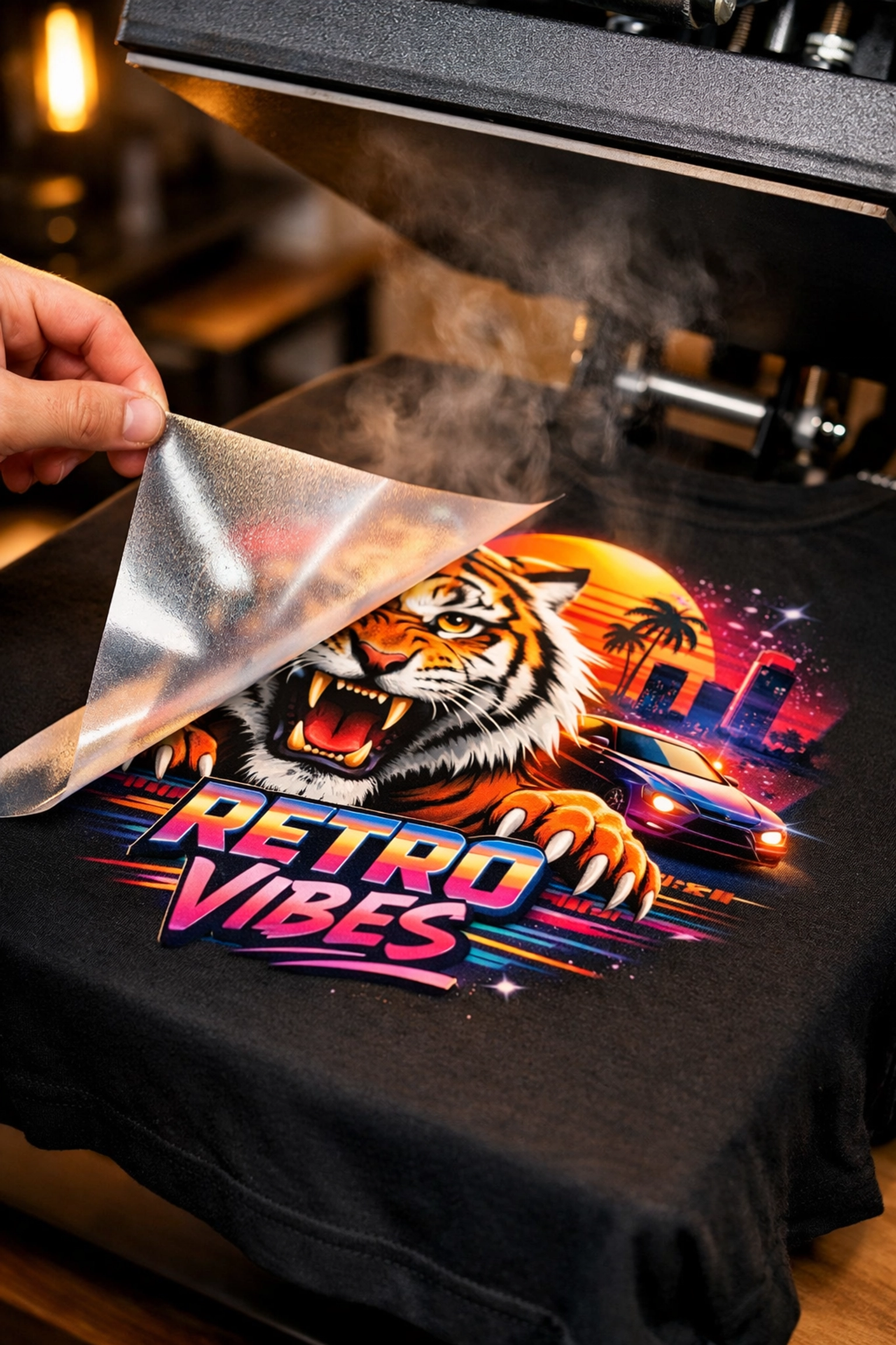 DTF transfer being applied to black t-shirt with heat press for custom printing