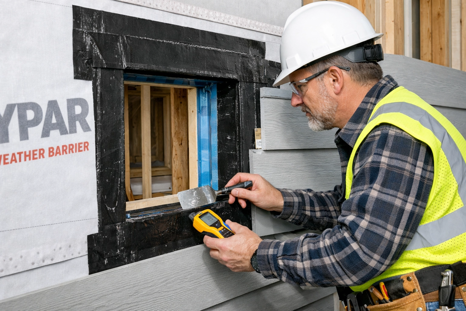 Coastal home construction showing moisture barrier and weatherproofing layers
