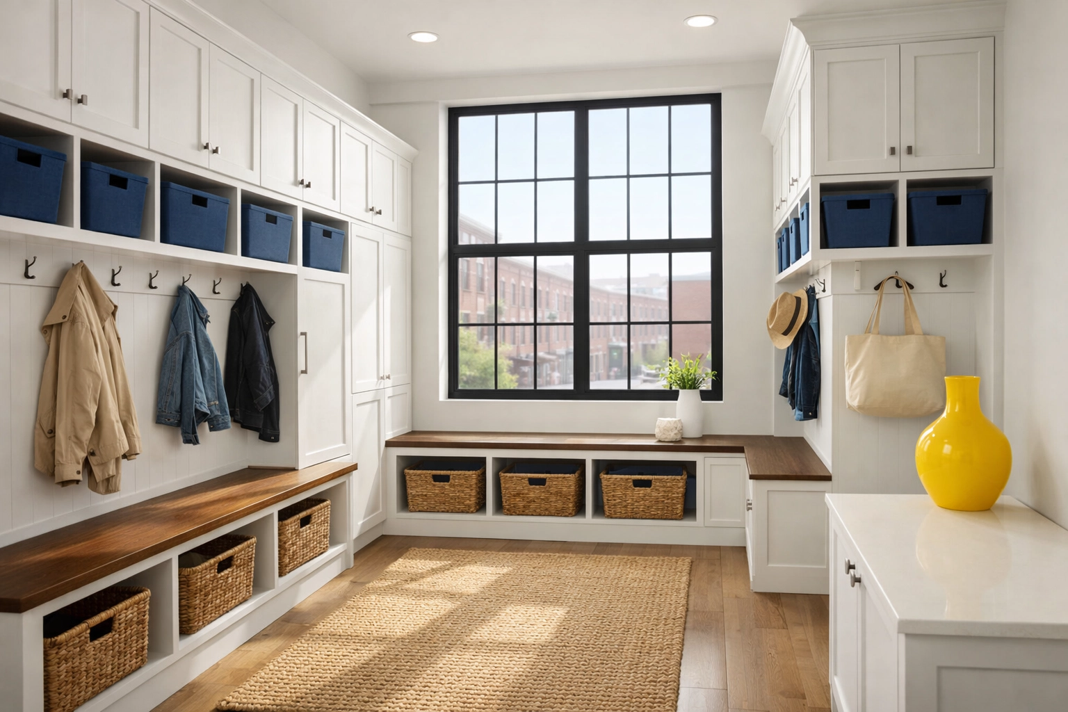 Clutter-free Lowell loft mudroom showing the results of professional residential cleaning MA.