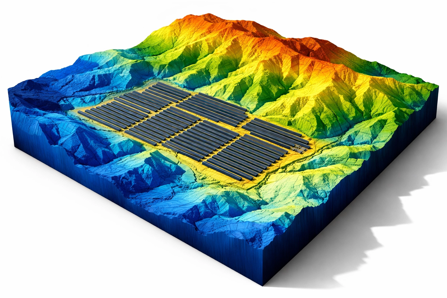 3D terrain model with elevation data and shadow analysis for solar farm drone mapping project