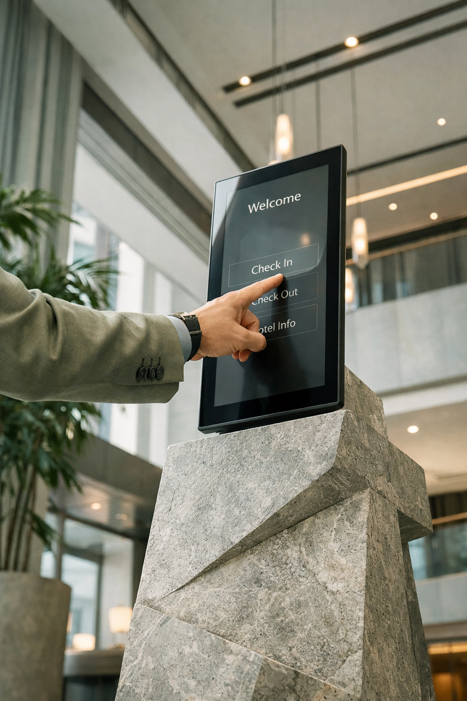 A guest using a sleek digital self-check-in kiosk in a modern hotel lobby to avoid queues.