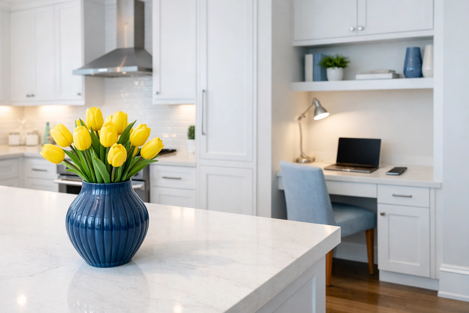 Modern Natick kitchen and home office showing organized surfaces and ease of booking.