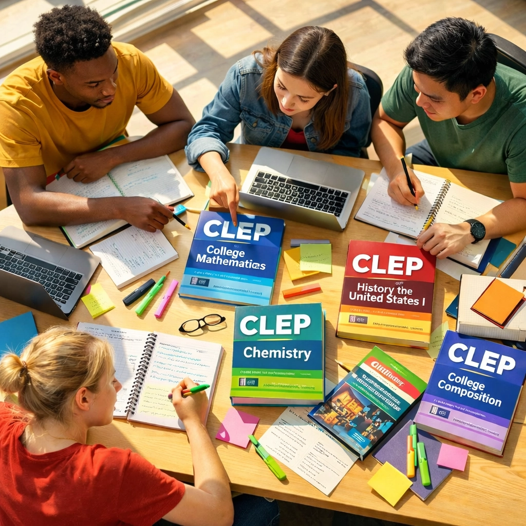 Students studying CLEP exam prep materials together at a study table (1x1, center safe zone)