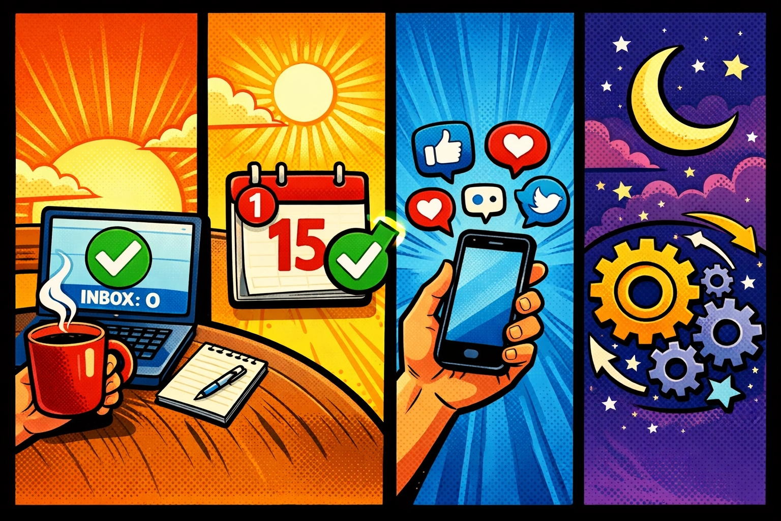 Automated workflow handling admin tasks throughout a business day from morning to evening