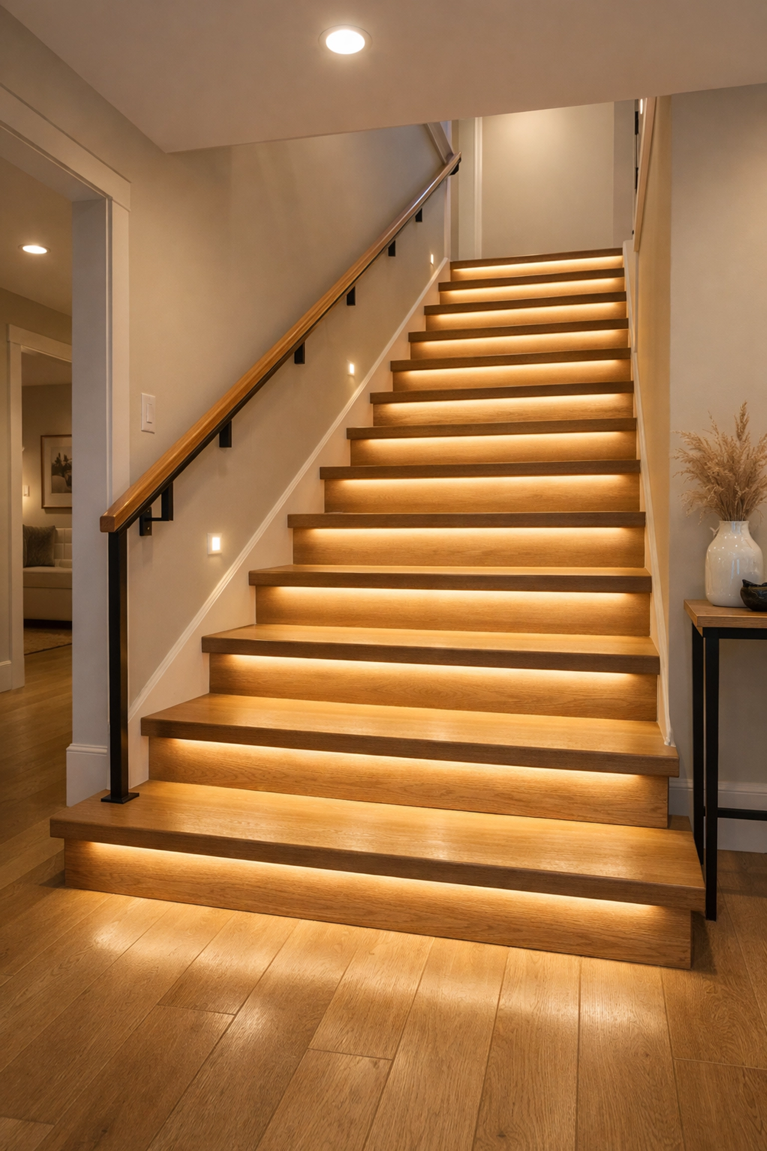 Modern wooden staircase with LED strip lighting under each step for better visibility and safety.