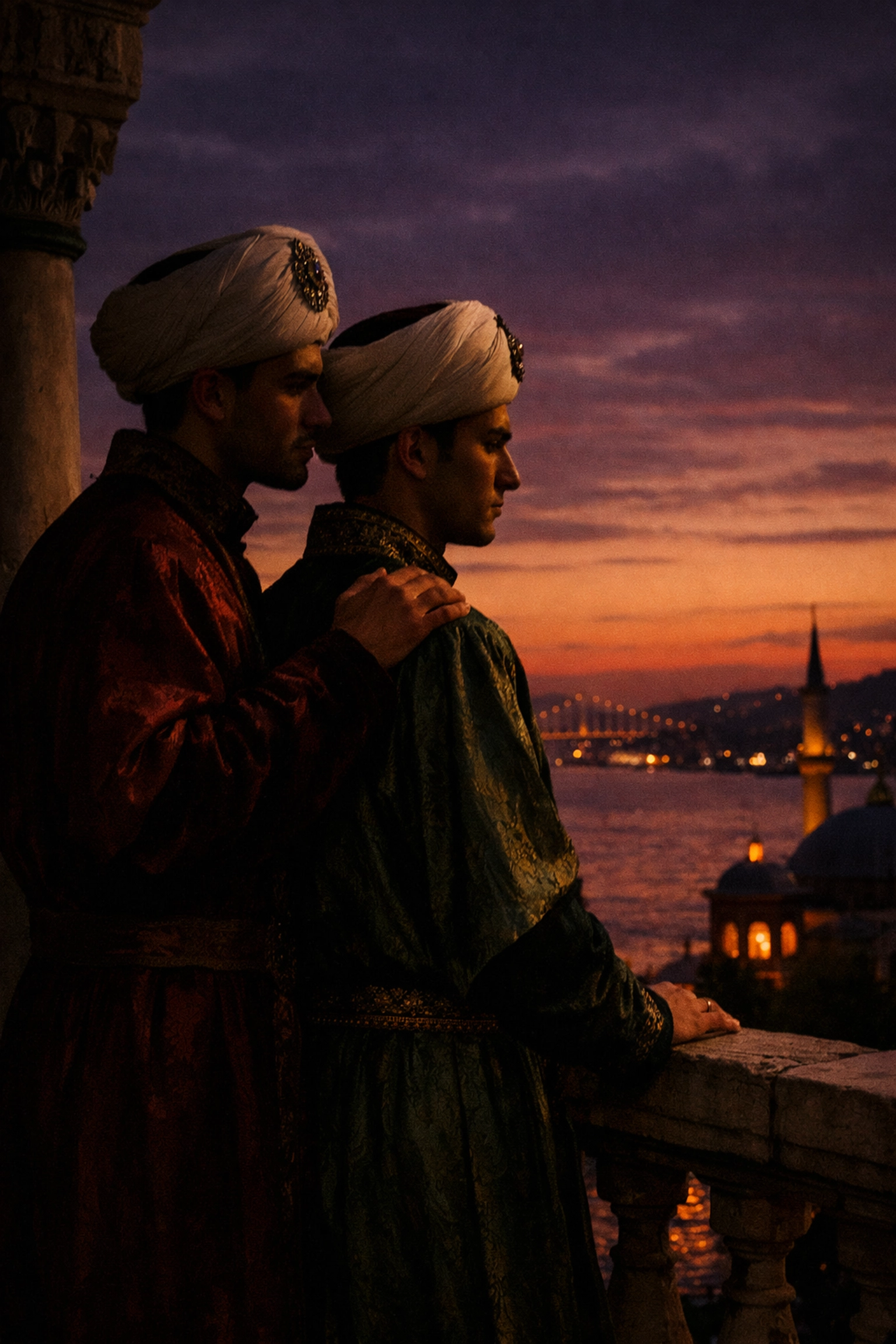 Ottoman palace officials in romantic moment overlooking Bosphorus - gay relationships in history