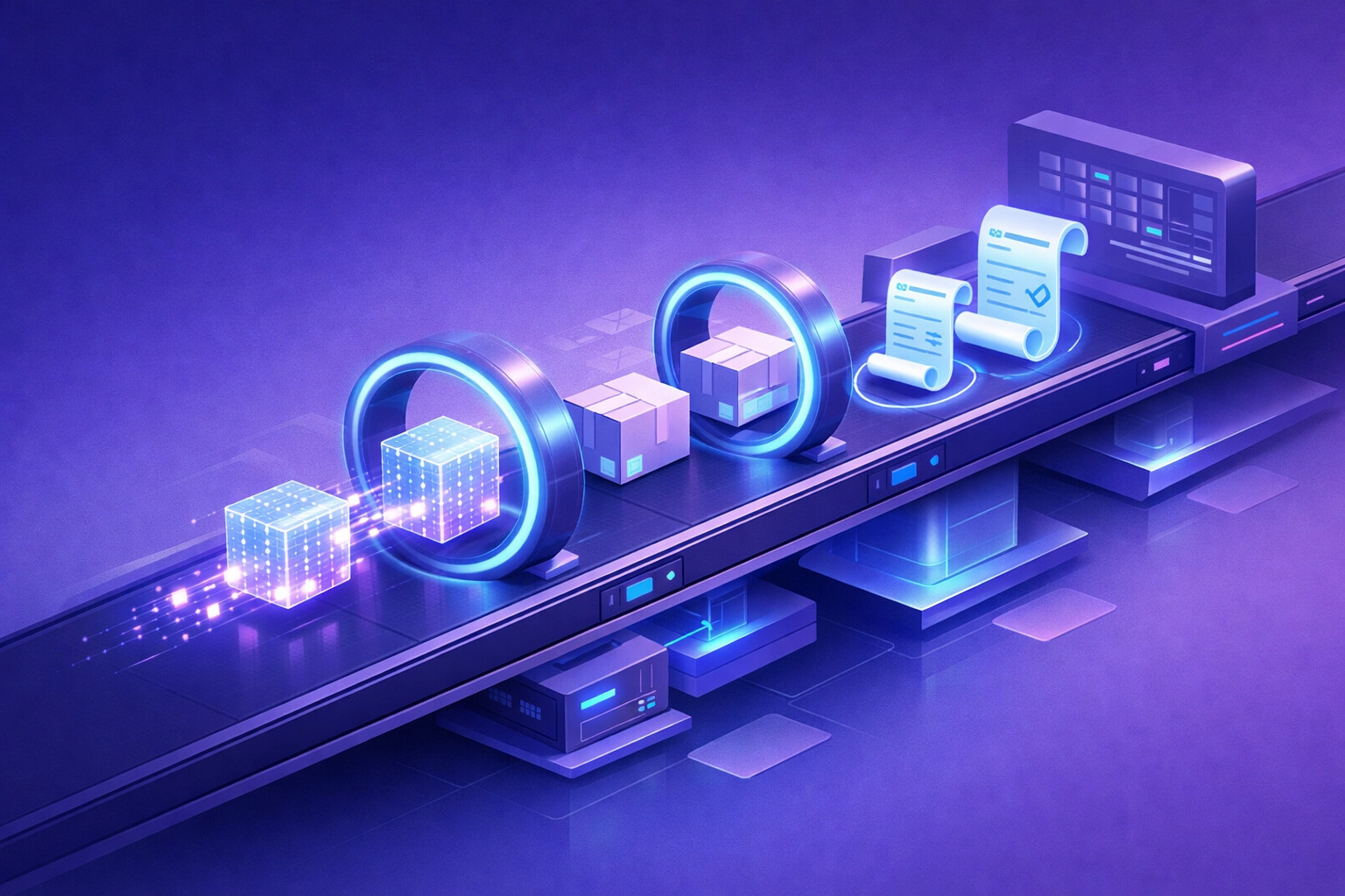 Automated business process illustration showing digital invoices and fulfillment syncing with Shopify.