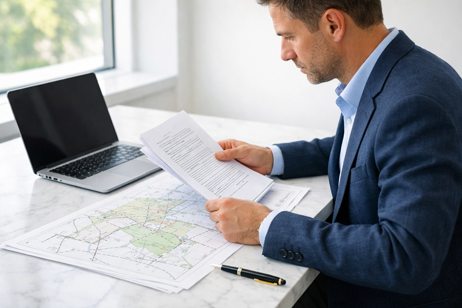 Real estate legal expert reviewing property records for professional title curative services.