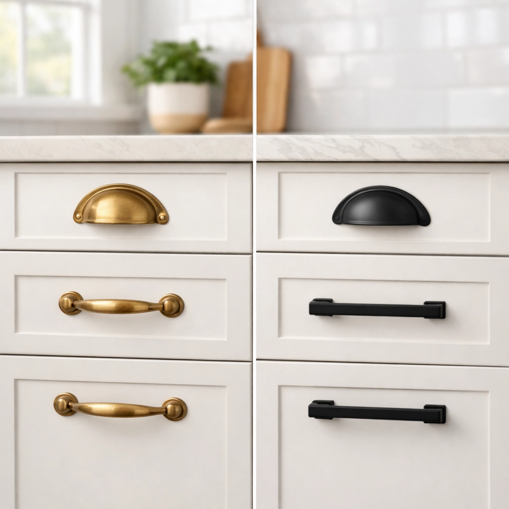 Modern black cabinet pulls and handles on white kitchen cabinets before and after upgrade