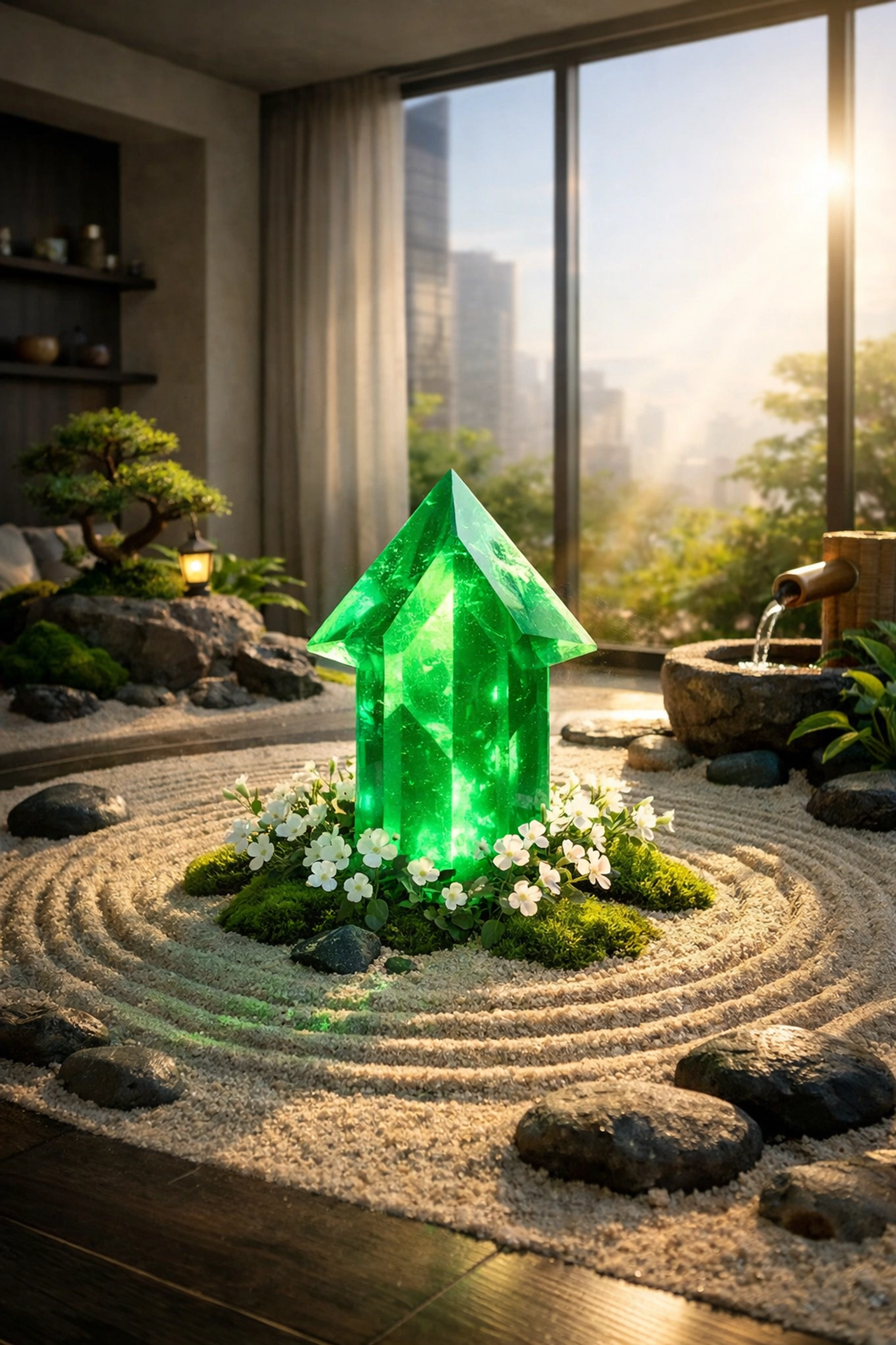 Minimalist indoor garden with a glowing green upward arrow, representing financial maturity and credit growth.