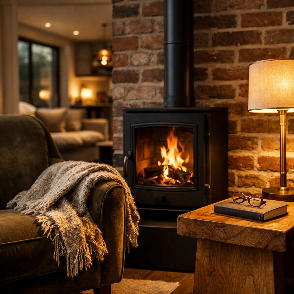 Cozy snug and living area inside a newly completed house extension in West Sussex with a wood-burning stove.