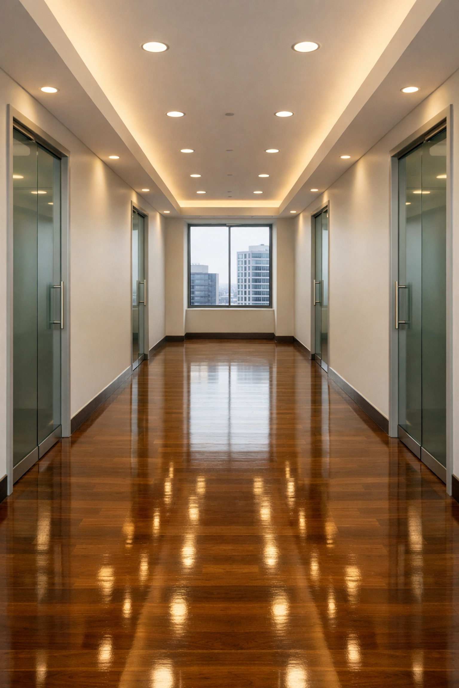 Gleaming hardwood floors in a Detroit corporate hallway representing reliable janitorial services.