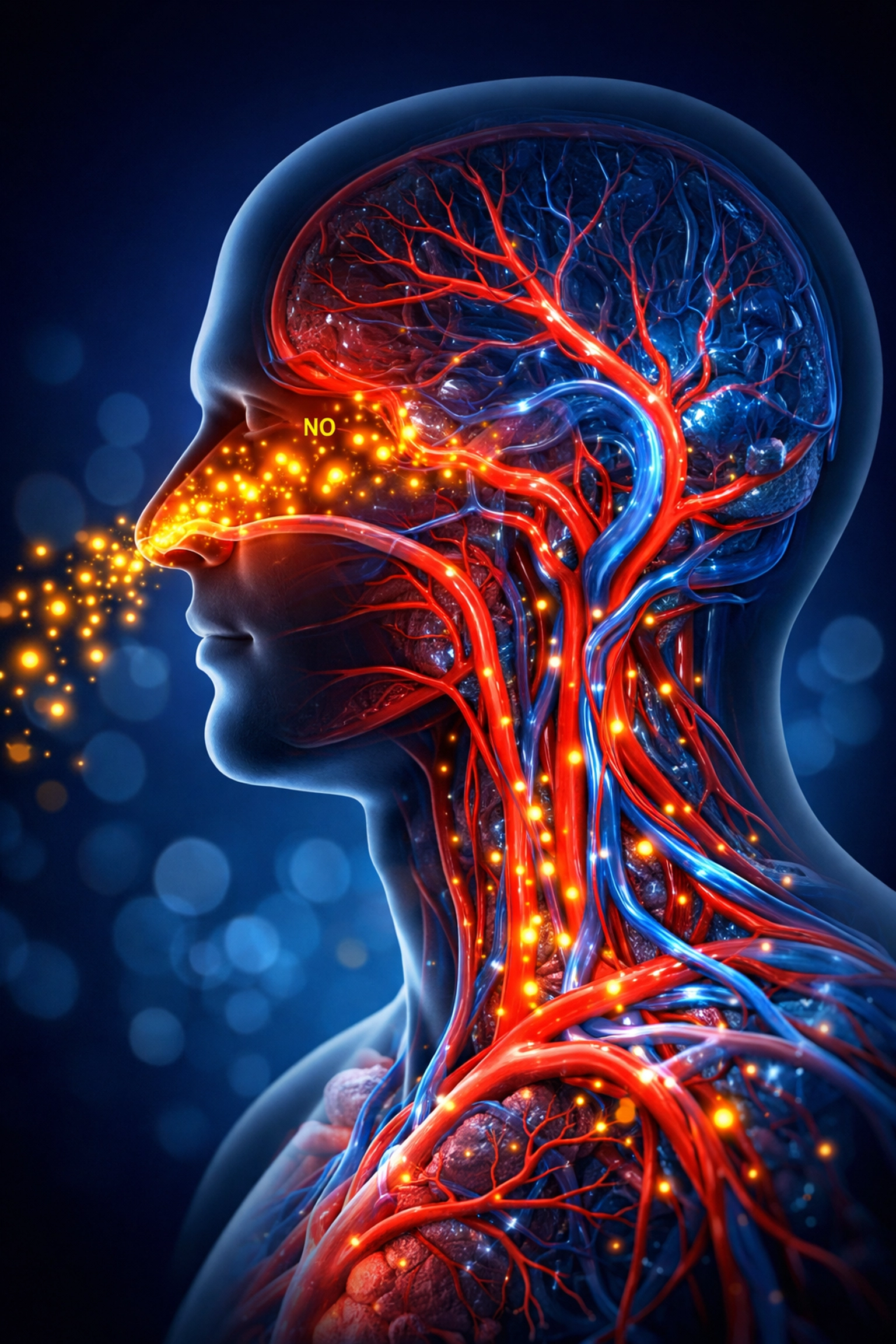 Visualization of nitric oxide entering nasal passages to widen blood vessels and improve oxygenation.