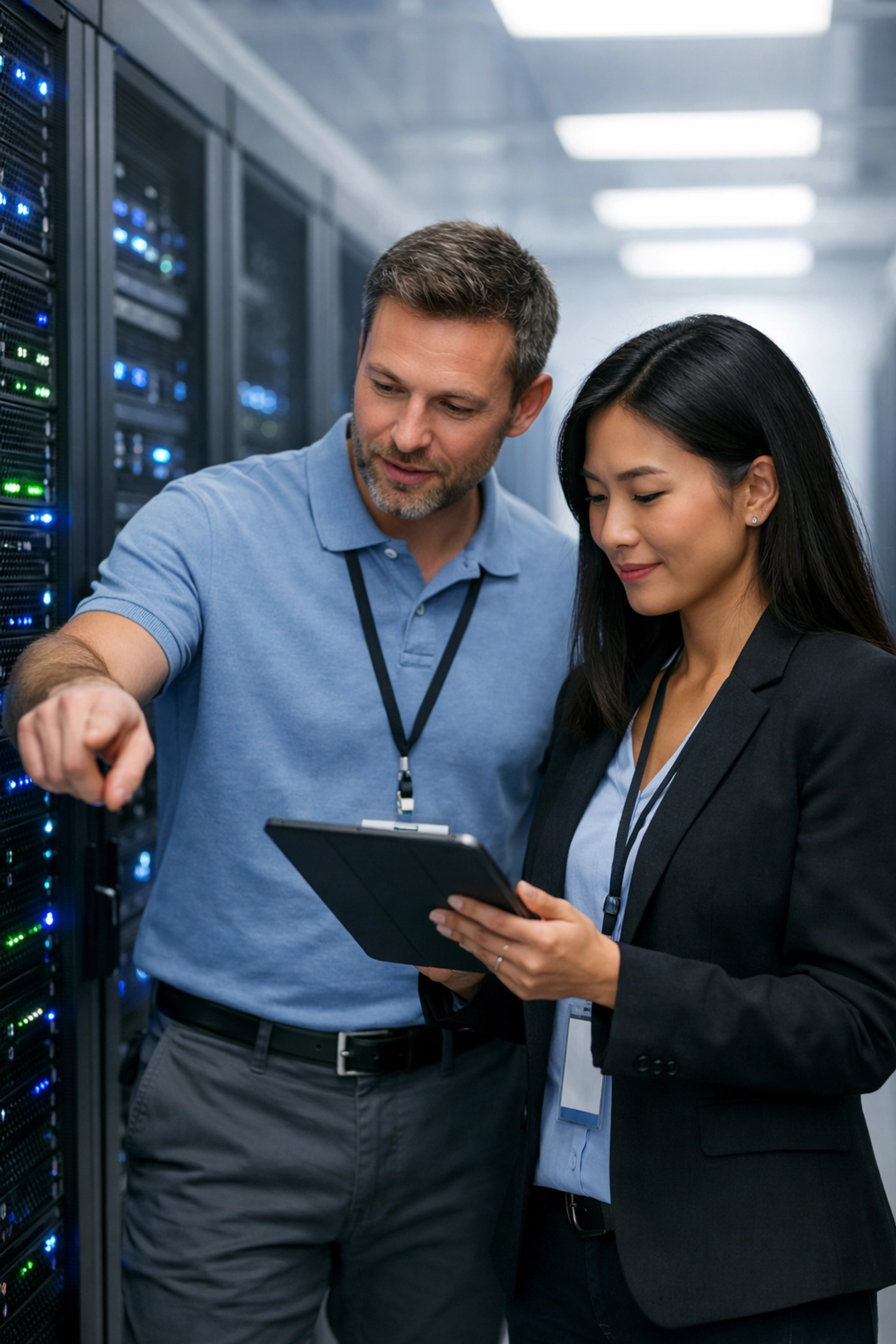 IT professionals using ServiceNow ITOM to track energy optimization and ESG metrics in a data center.