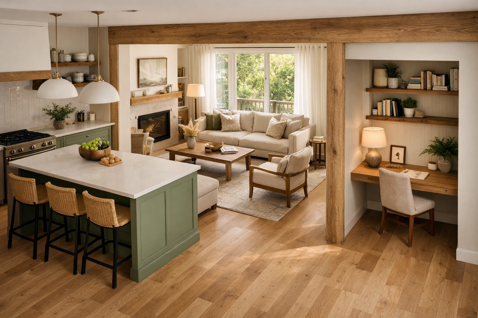 Open-concept Orlando home with defined zones, sage green island, and warm oak flooring