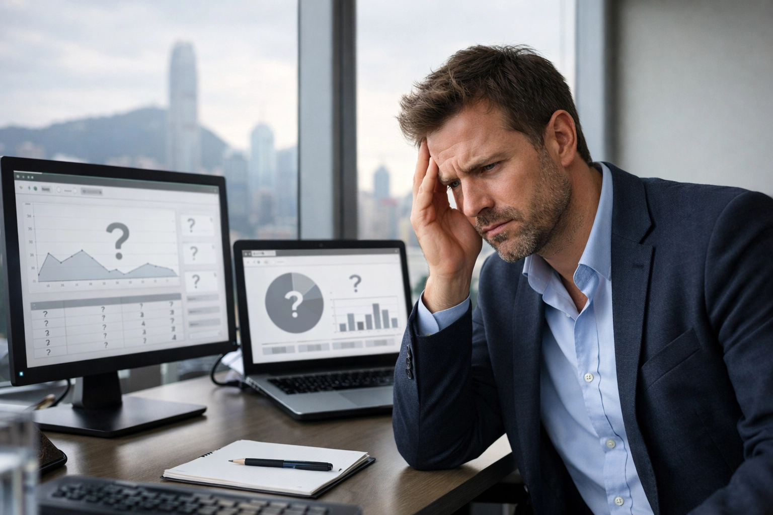 Retail marketing manager reviewing empty analytics dashboards showing lack of in-store customer data