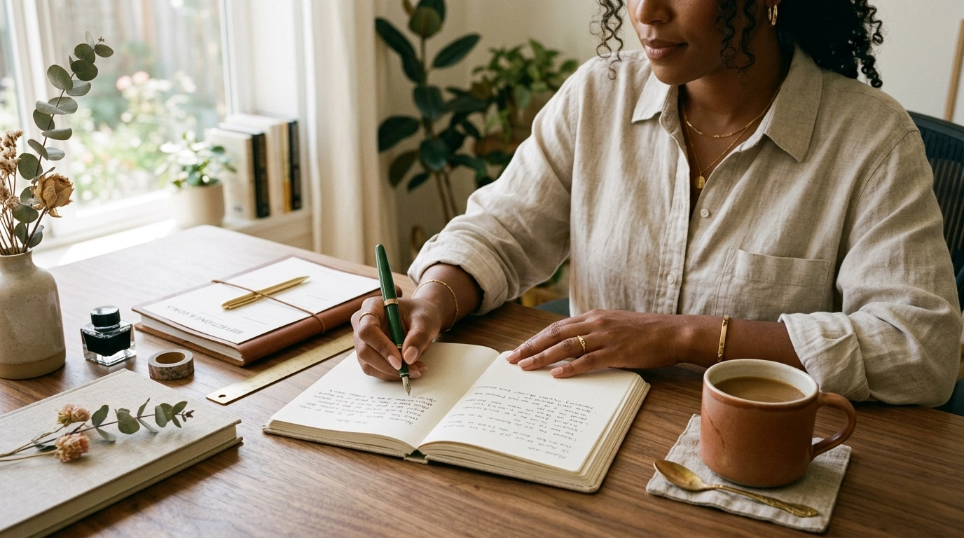 A close-up of a hand writing in a journal next to a 'Wheel of Life' worksheet and a cup of coffee