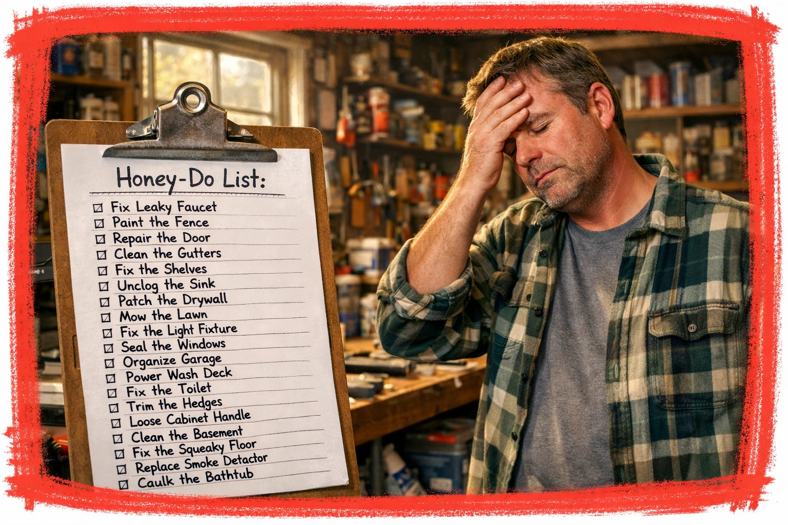 Frustrated homeowner surrounded by tools and endless home repair projects in cluttered workshop