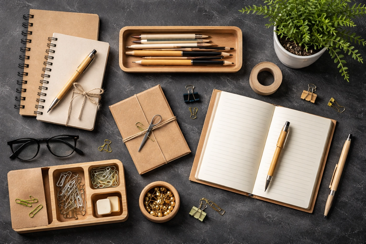 Eco-friendly office supplies arranged on dark slate, sustainable products for Brisbane businesses