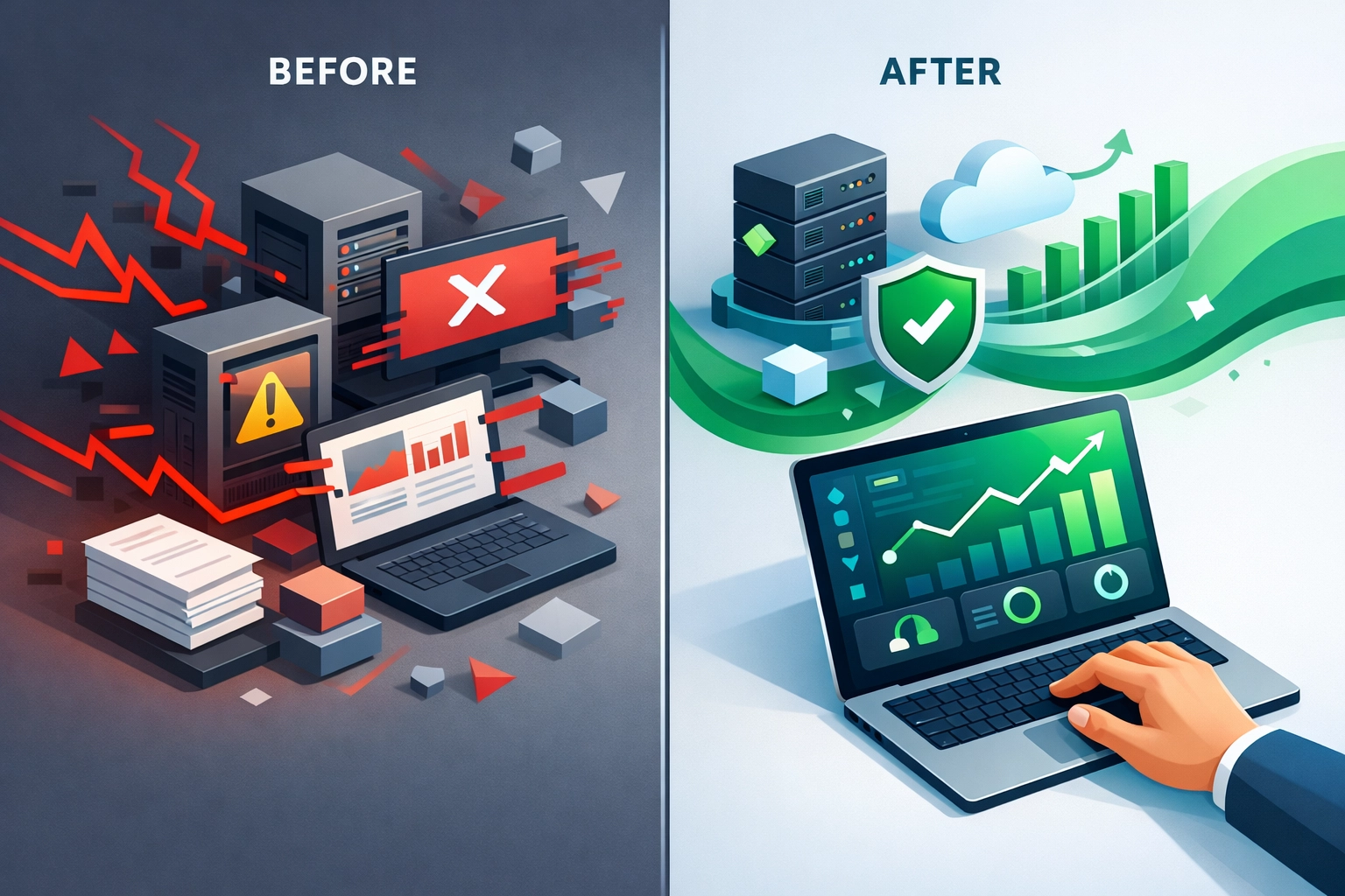 Technical troubleshooting transforming a glitching system into an efficient small business IT solution.