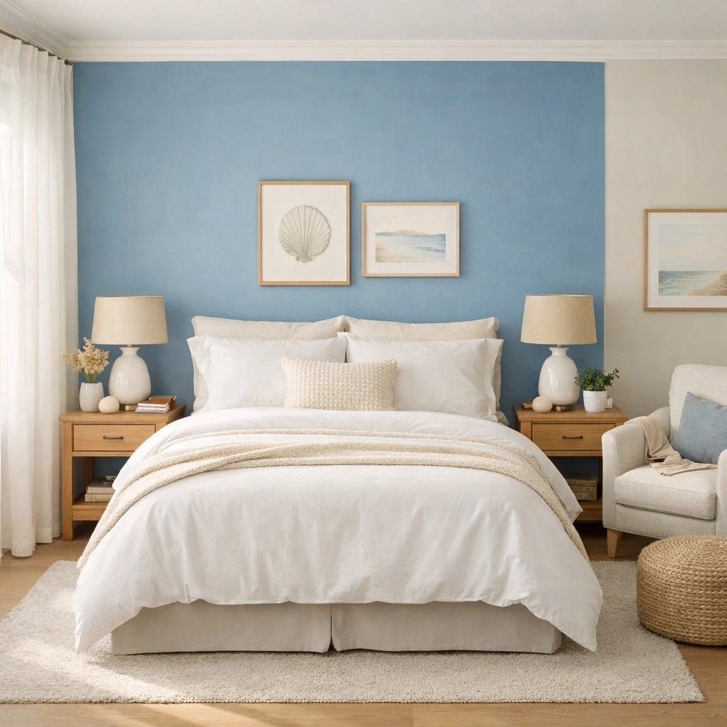 Primary bedroom featuring coastal blue wall and cream bedding for downsizing home sale