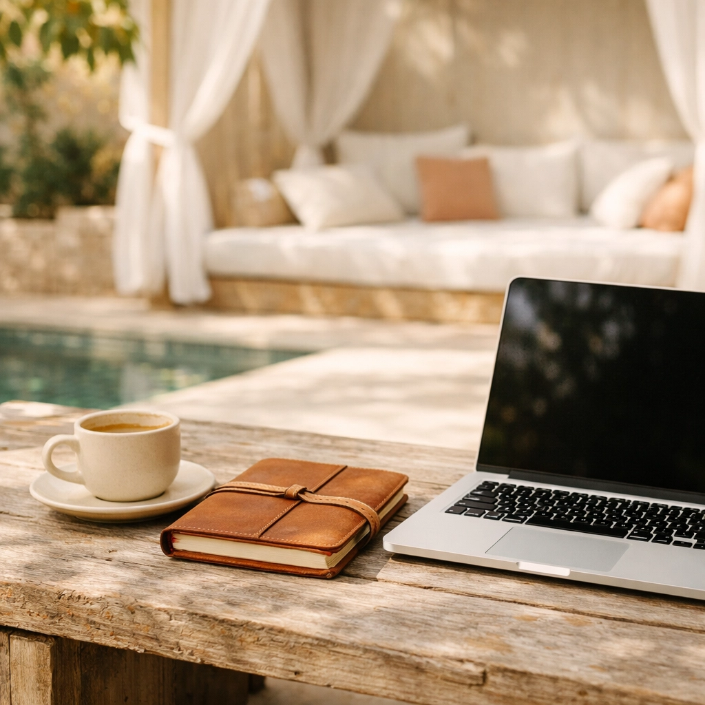 A peaceful outdoor workspace at a boutique hotel, highlighting flexible guest amenities and services.