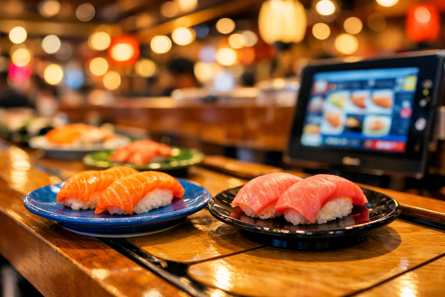 Fresh nigiri sushi on a conveyor belt at a Tokyo kaiten-sushi restaurant, one of Tokyo's best cheap eats.