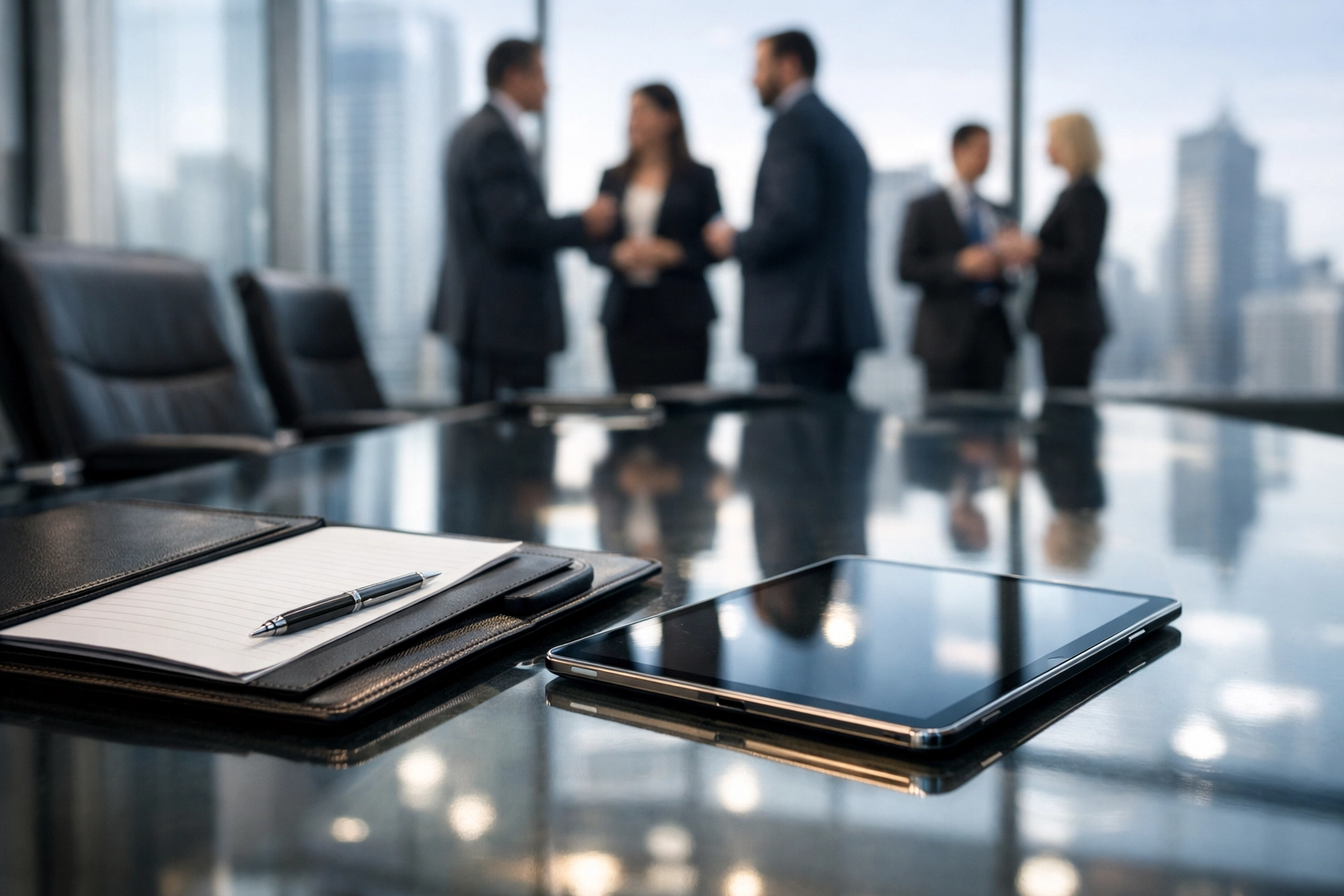 Sports marketing agency partners discussing strategic legal frameworks and branding contracts in a modern office.