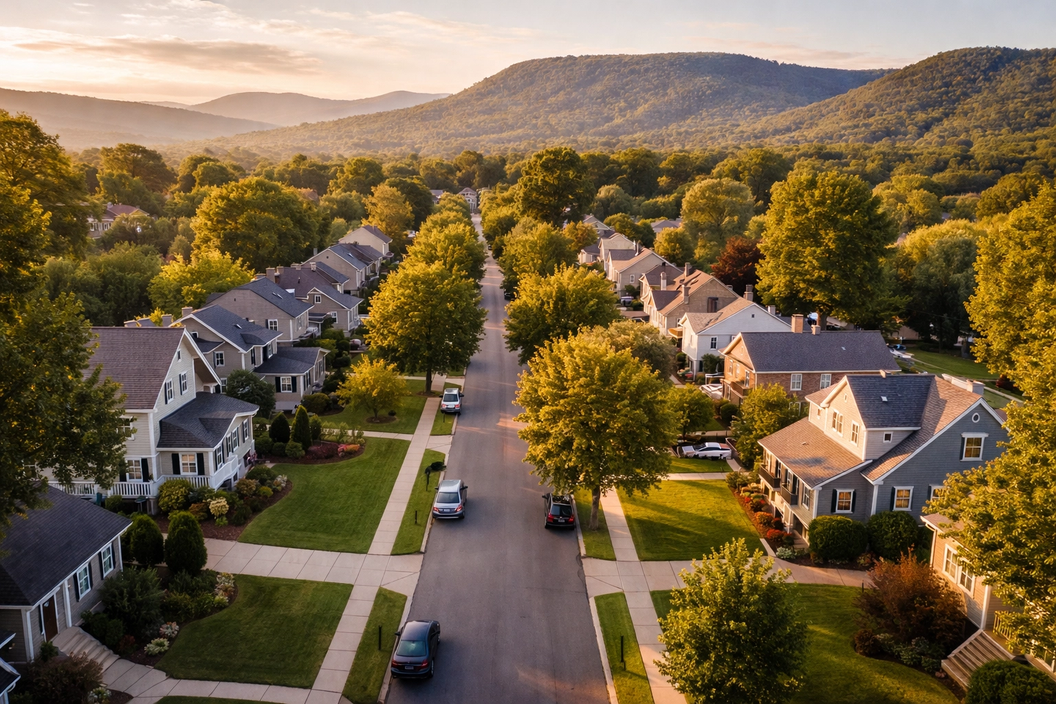Aerial view of a Tennessee Valley neighborhood with tree-lined streets and rolling hills, reflecting Chattanooga real estate market conditions.