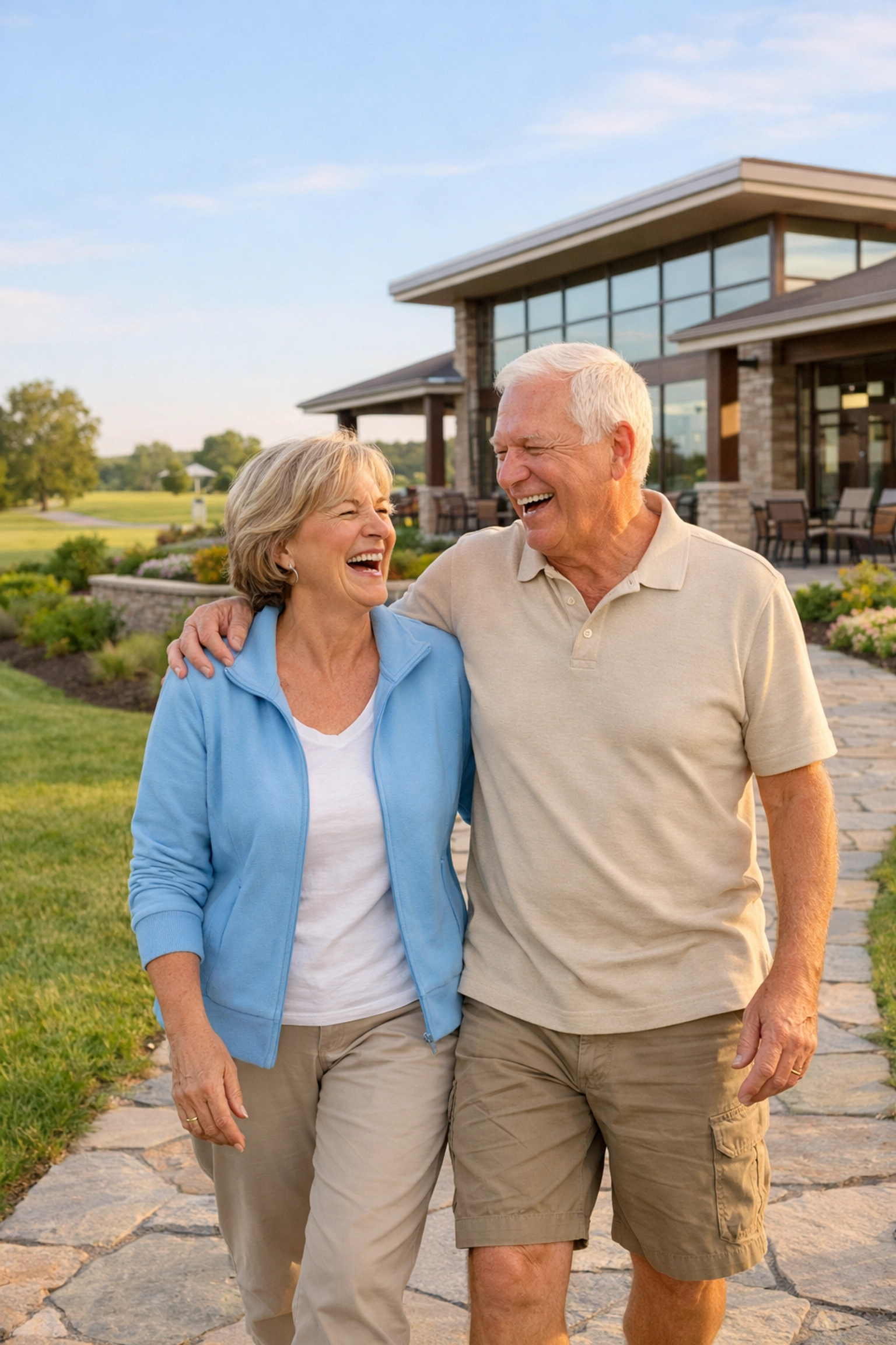 Active senior couple walking by a modern clubhouse in a Bucks County 55 and over community.