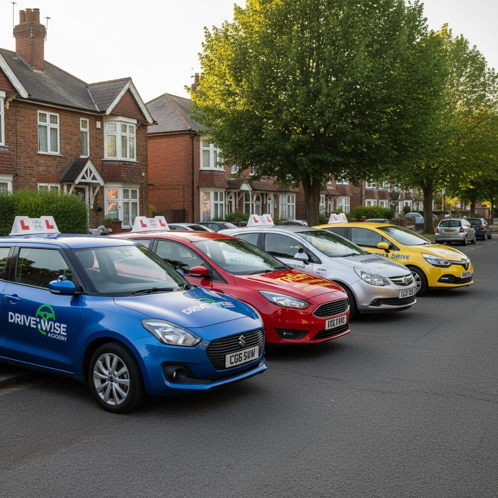 Learner vehicles parked up for driving schools in Burton on Trent