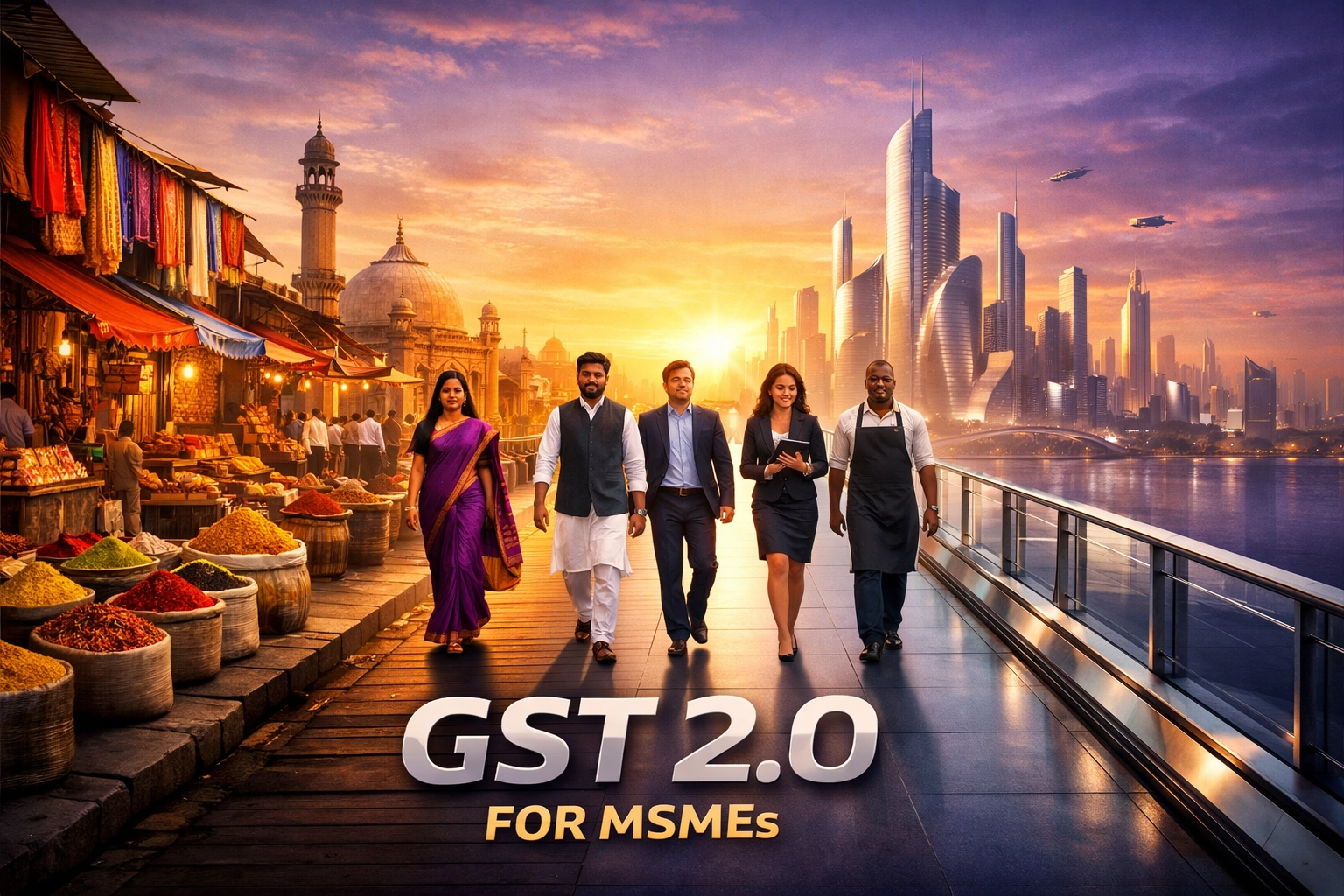 MSME business owners walking toward a modernized Indian economy and simplified digital tax ecosystem.