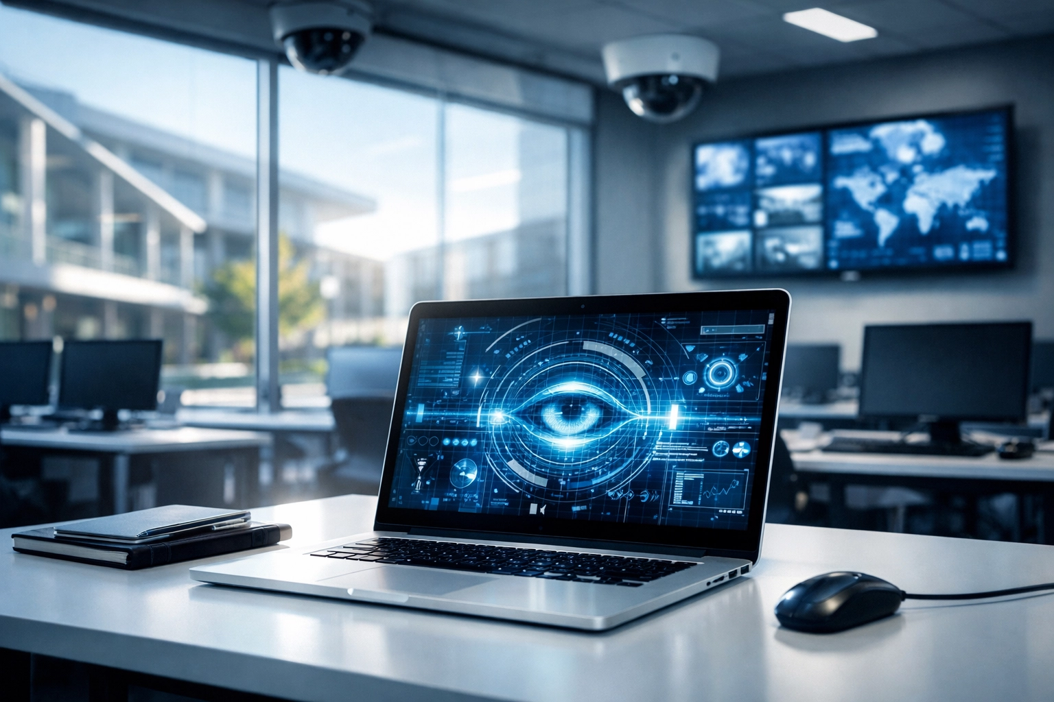 High-tech laptop interface for specialized emergency management training and campus cybersecurity readiness.