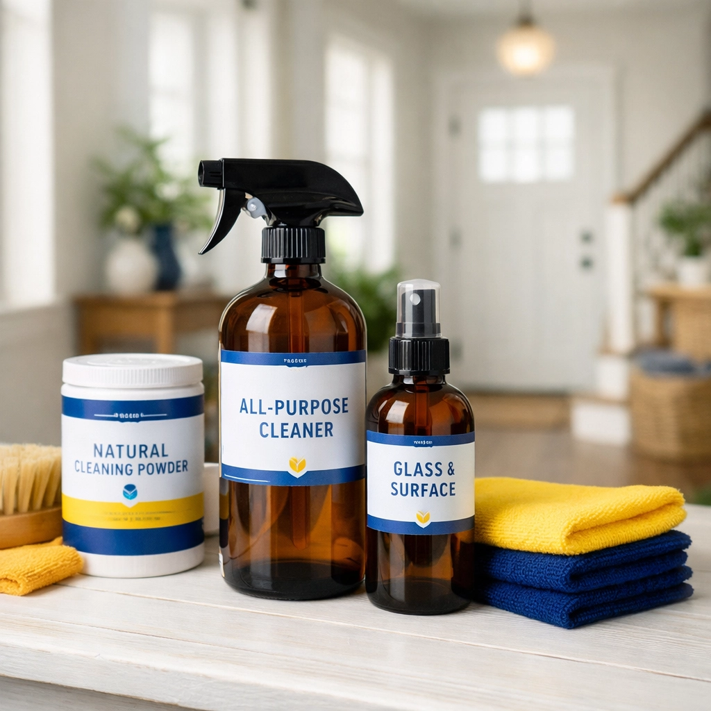 Premium eco-friendly products and microfiber cloths prepared for a Weekly House Cleaning Boxborough MA appointment.