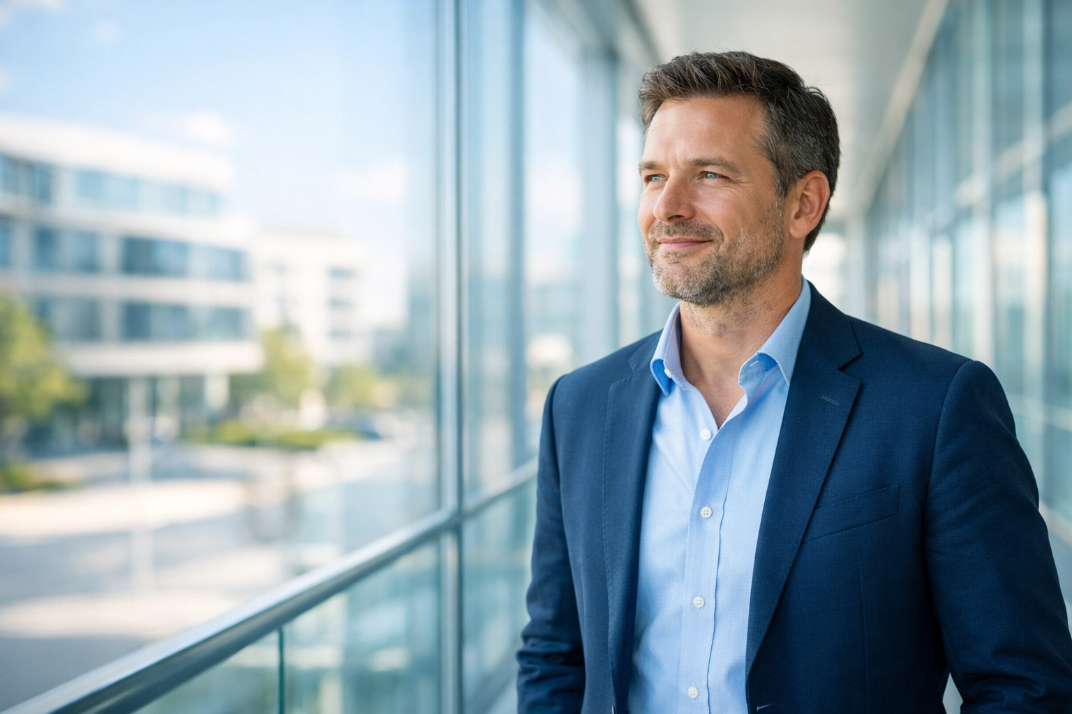 A real estate investor viewing an urban development, symbolizing successful acquisition of free and clear assets.