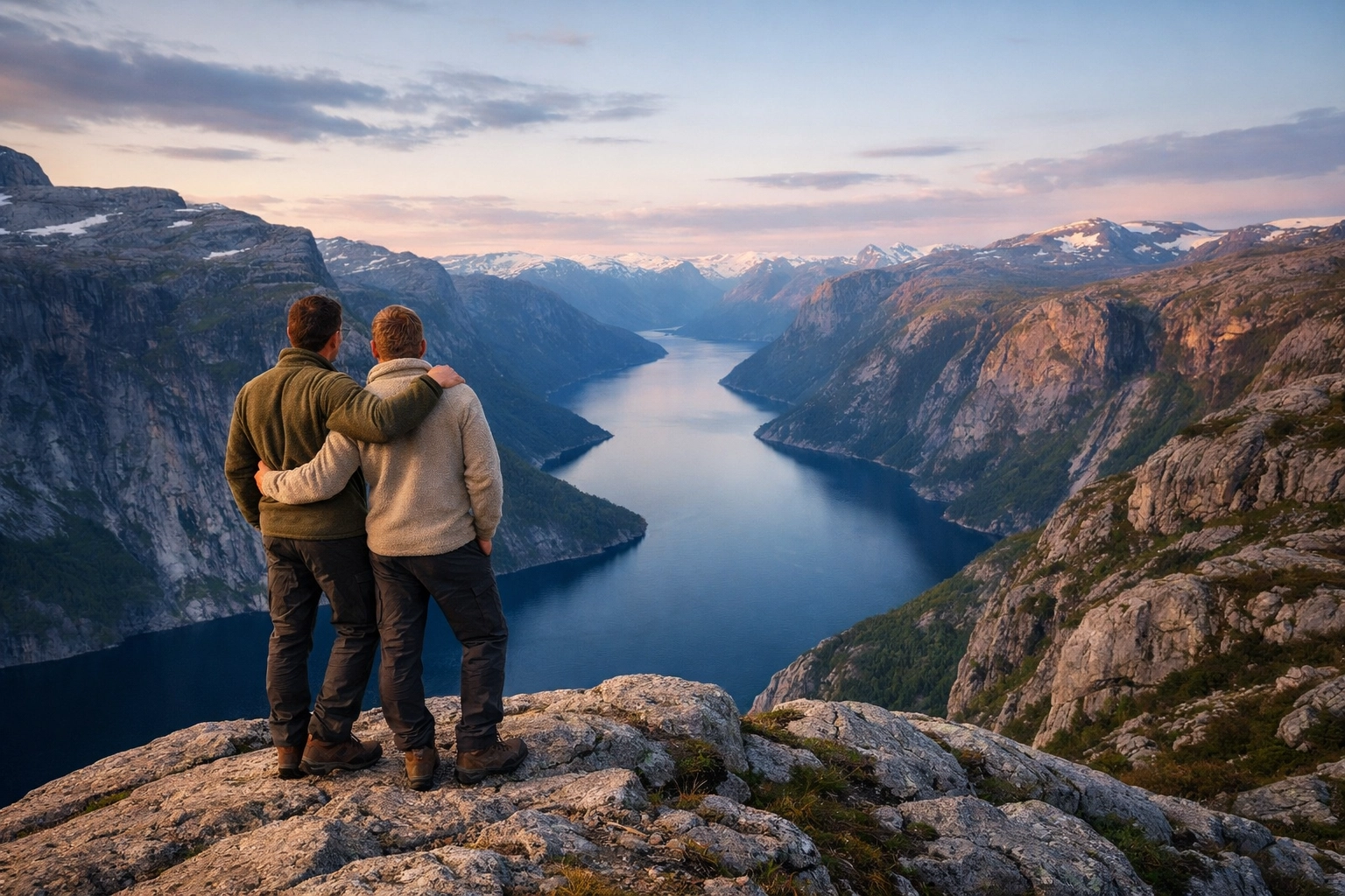 A gay couple enjoys the serene views of a Norwegian fjord during a hiking trip in the Scandinavian wild.