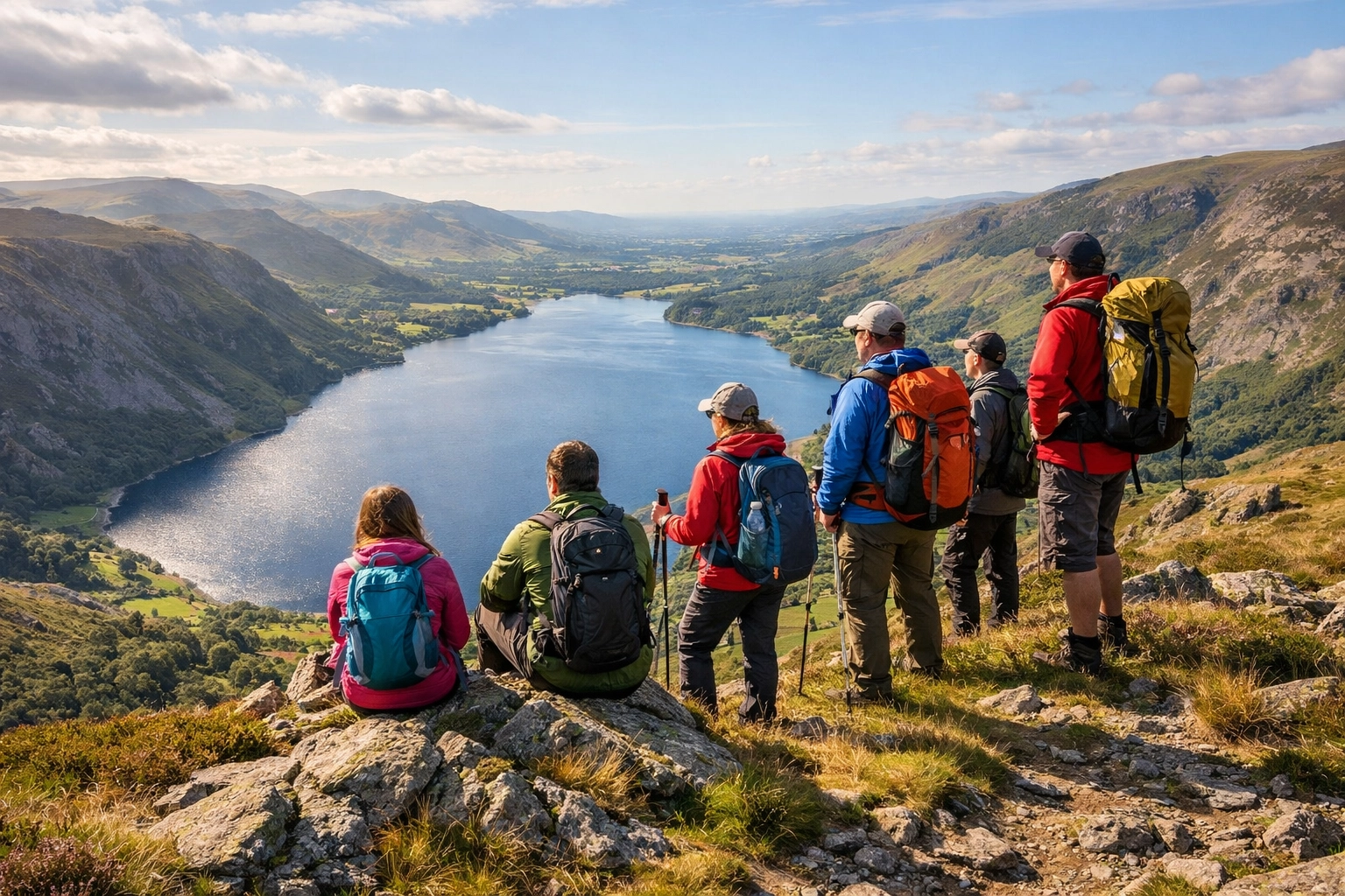 A group of hikers enjoying a scenic view of a lake on a guided hiking tour in the Lake District.