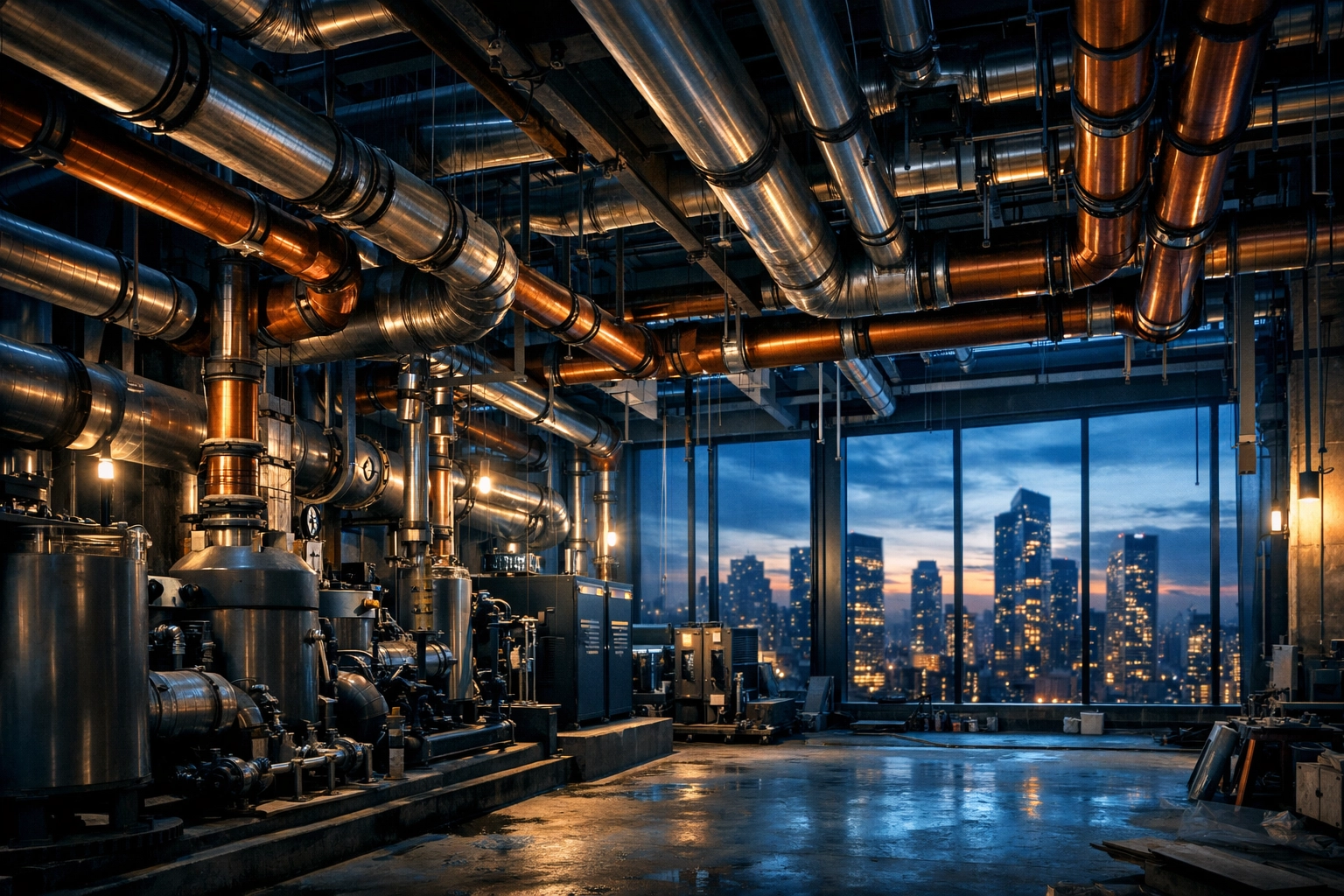 Complex commercial plumbing pipe networks in a mechanical room showcasing high-scale infrastructure integrity.
