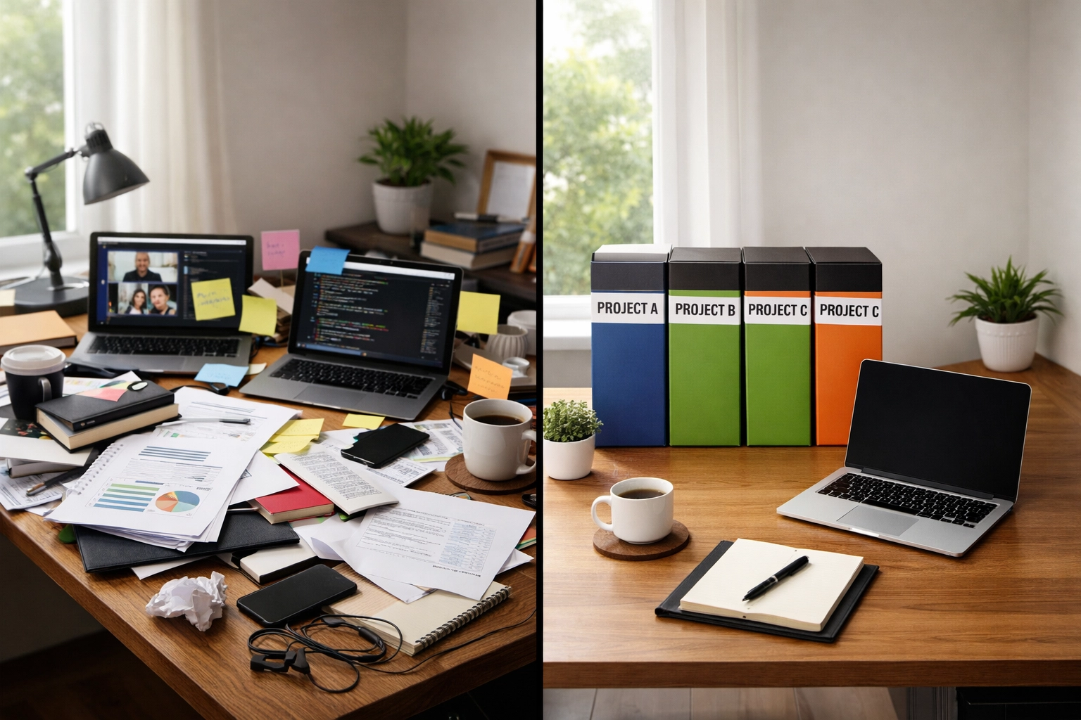 Cluttered desk with multiple projects versus organized workspace with focused priorities