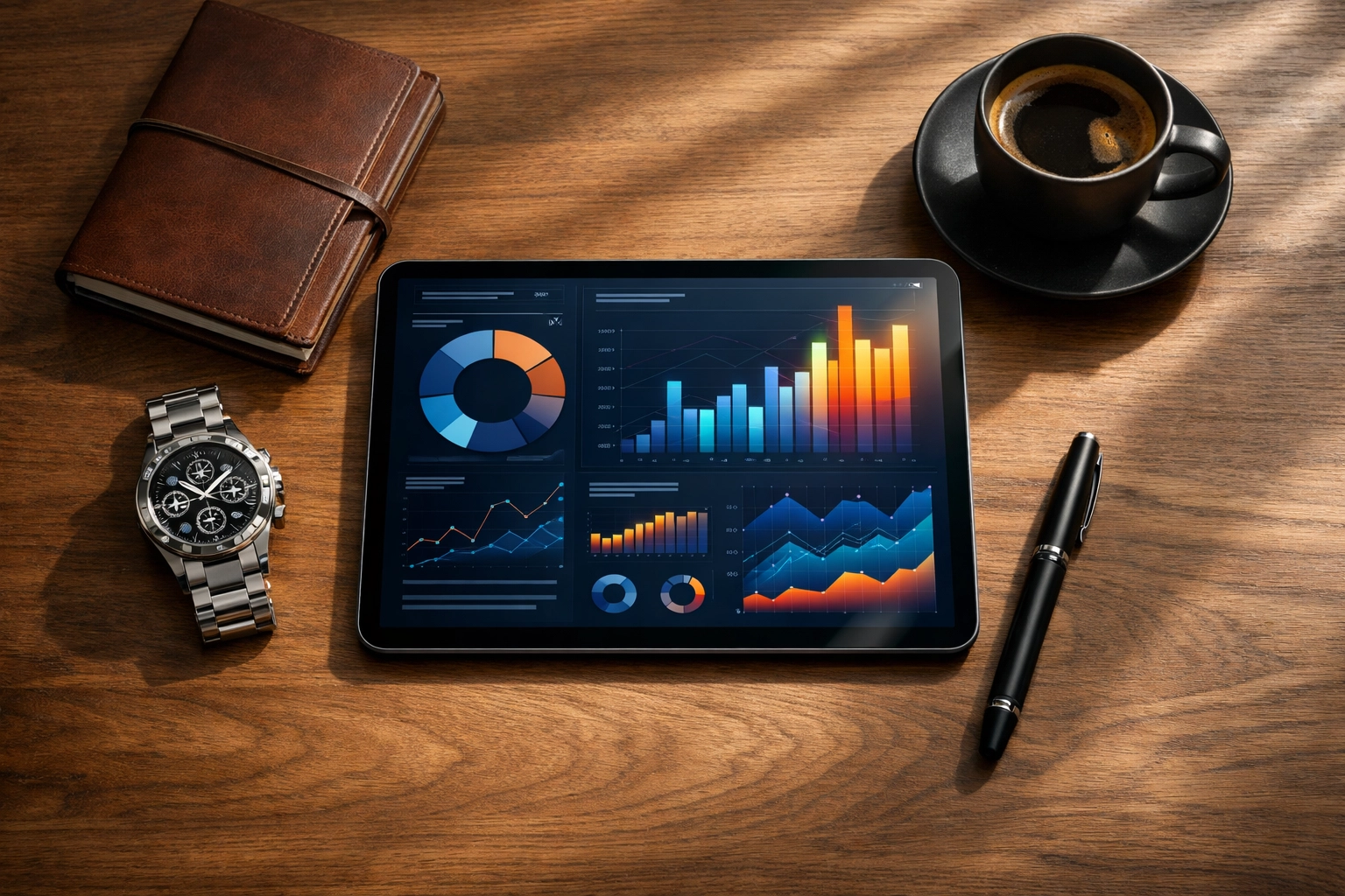 A professional workspace featuring a digital tablet with growth charts, highlighting strategic online business presence.