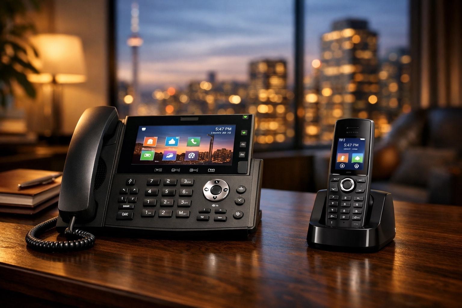 A modern IP desk phone and cordless VoIP handset on an executive desk, showcasing professional business VoIP hardware.